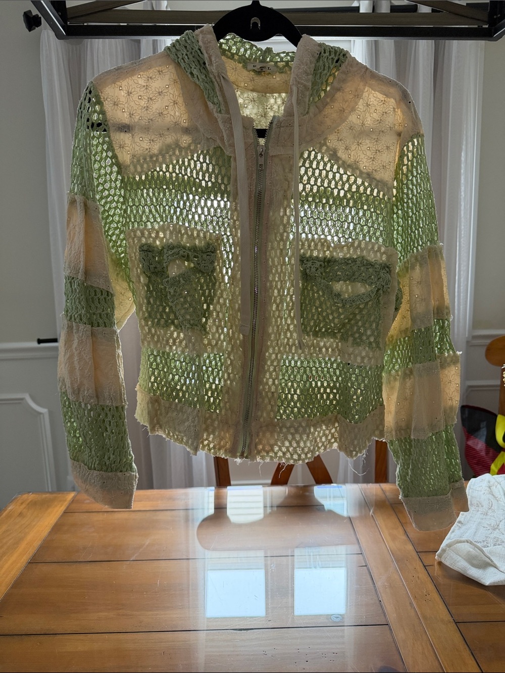 POL Lightweight Crochet-Trim Top in Sage Green & Cream